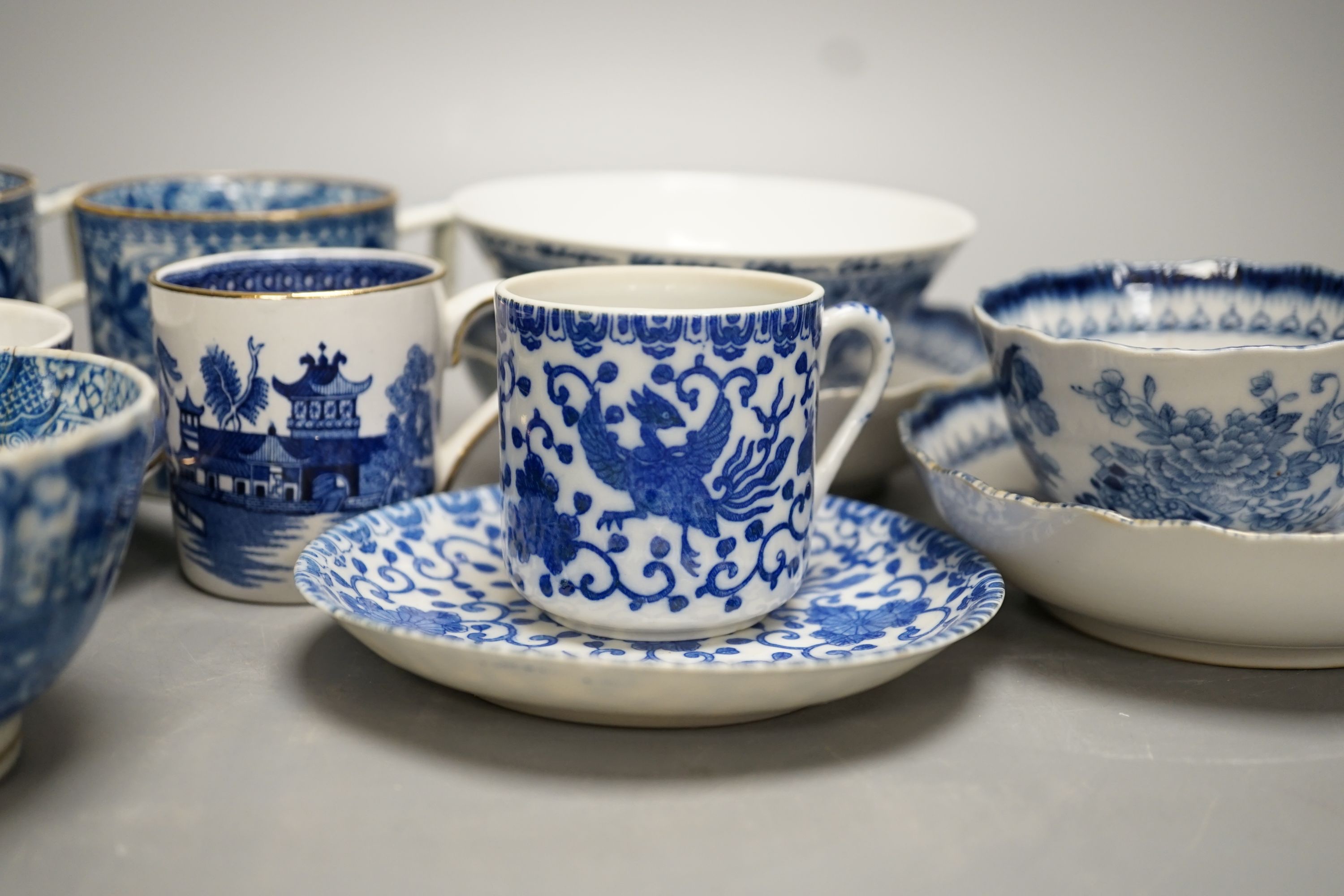 Mixed blue and white tableware including Burleigh ware, Wood’s and other 19th century blue and white china